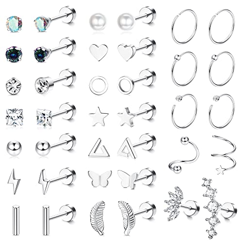 JeweBella 19Pairs Kleine Ohrstecker Damen Set Chirurgenstahl Knorpel Helix Ohrringe Hypoallergen Stern Mond Flatback Ohrringe Zirkonia Creolen Piercing Ohrstecker für Mädchen Herren von JeweBella