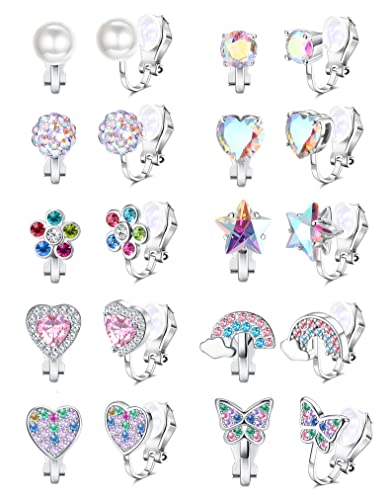 JeweBella 10 Paar Ohrclips Kinder Mädchen Clip on Ohrringe Ohne Ohrloch Niedlich Herz Stern Blumen Regenbogen Schmetterling Rosa Hypoallergene Ohrclips für Ohne Ohrlöcher Schmuck für Kinder Mädchen von JeweBella