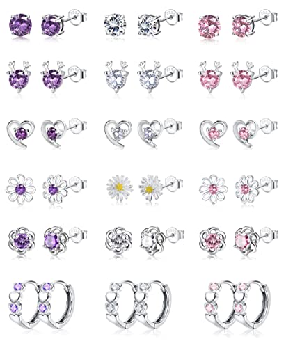 JeweBella 18 Paar Silber Ohrstecker Set für Damen Mädchen Kinder 925 Sterling Silber Pin Hypoallergen Rosa Lila Blume Herz Hirsch Cubic Zirkonia Ohrringe Set Herz Kleine Creolen Schmuck Geschenk von JeweBella