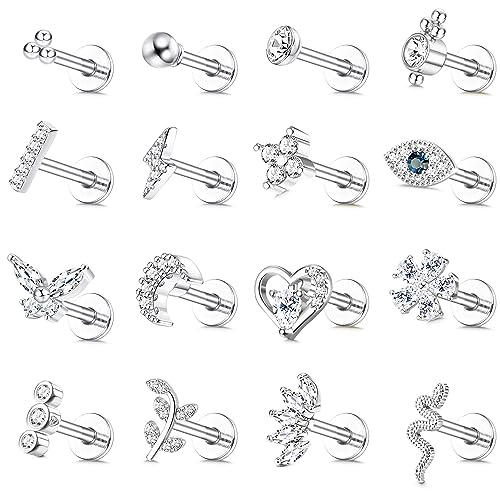JeweBella 16 Stück 16G Helix Tragus Piercing Knorpel Ohrringe für Damen Chirurgenstahl Innengewinde CZ Mond Herz Blatt Medusa Labret Piercing Nasenstecker Lippenpiercing Helix Piercing Ohr von JeweBella