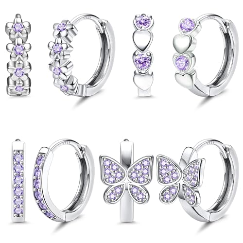 JeweBella 4 Paar Ohrringe Silber 925 Mädchen Kinder Kleine Creolen Silber 925 Hypoallergen Schmetterling Herz Blumen Creolen Ohrringe Set Schlafen Knorpel Ohrringe Mädchen Damen Rosa/Lila/Blau/Bunt von JeweBella