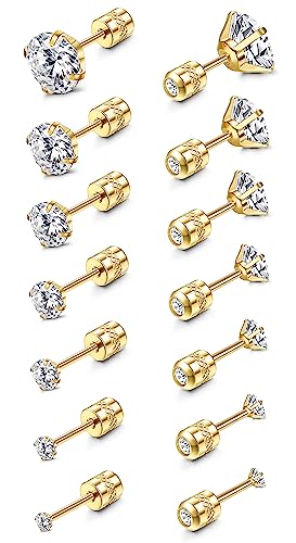 JeweBella 7Paar 20G Cubic Zirkonia Ohrstecker Ohrringe Set Edelstahl Silber/Gold/Roségold für Damen Herren Mädchen Glänzend Zirkonia Ohrstecker Hypoallergen Knorpel Ohrringe Set für Mehrere Ohrlöcher von JeweBella