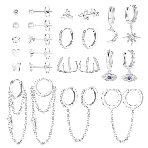 JeweBella 12 Paar Kleine Ohrstecker Damen Set Edelstahl Hypoallergen Mini Creolen Anhänger mit Kette Evil Eye Stern Mond Ohrringe Creolen Set Klaue Ohrstecker Perlen Zirkon Liebe Ohrstecker Set von JeweBella