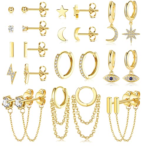 JeweBella 12Paar Kleine Ohrstecker Damen Set Edelstahl Mini Creolen Anhänger mit Kette Stern Mond Ohrringe Hypoallergen Zirkon Ball Evil Eye Ohrringe Creolen Set Gold/Silber von JeweBella