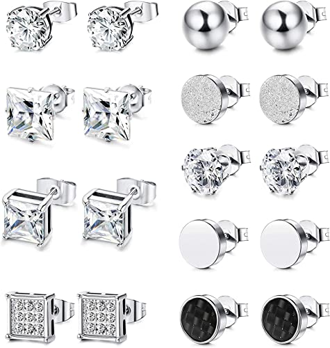 JeweBella 2/9/12 Paar Ohrstecker Set für Herren Damen Edelstahl Punk Runde Zirkonia Ohrstecker Set Unisex Ohrringe Herren Schwarz Silber von JeweBella