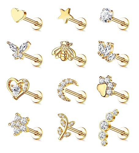 JewBella 12 Stück 16G Knorpel Helix Ohrringe für Damen Herren Chirurgenstahl Innengewinde CZ Mond Herz Stern Blatt Labret Monroe Medusa Nasenstecker Conch Tragus Helix Piercing Silber/Gold von JeweBella