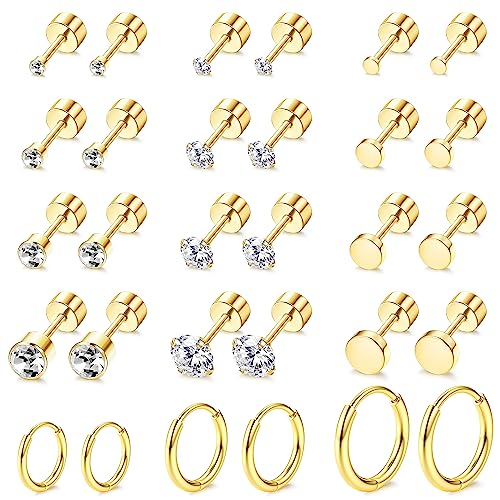 JeweBella 15 Paar Kleine Ohrringe Damen Set Silber/Gold Edelstahl Winzige Ohrstecker Flach Creolen Set für Mehrere Piercings Knorpel Creolen Ohrstecker von JeweBella