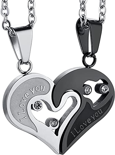 JeweBella Pärchen Kette Schmuck Paare Anhänger Halskette Herz für Herren Damen Halskette Puzzle Anhänger Edelstahl Halskette I Love You Farbe Silber Schwarz/Gold-Silber Länge56 von JeweBella