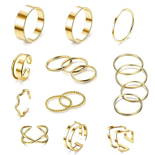 JeweBella 17 Stück Ringe Damen Edelstahl Plain Band Twist Offene Knöchel Ringe Set Einfaches Stapelbarer Midi Daumen Finger Ringe Silber/Gold von JeweBella