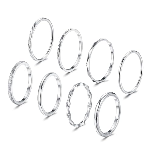 JeweBella 8 Stück Ringe Silber für Damen Edelstahl 1MM Plain Dünn Midi Fingerring Minimalistisch Daumenringe Set Stapelbarer Knuckle Ringe Silber Einfaches Twist Ringe Frauen von JeweBella