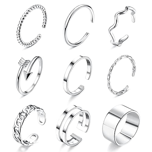 JeweBella 9 Stücke Ringe Set für Damen Mädchen Edelstahl Offene Ring Silber Boho Knöchel Finger Stapelbare Ring von JeweBella