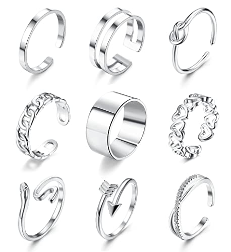 JeweBella 9 Stücke Ringe Set für Damen Mädchen Edelstahl Offene Ring Silber Boho Knöchel Finger Stapelbare Ring von JeweBella