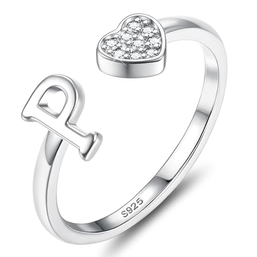 JeweBella Herz Ring Silber 925 Damen mit Buchstaben Verstellbar Ringe Frauen Stapeln Daumenring Fingerring Eheringe Engagement Promise Ring Verlobungsring Initiale A-Z Ring Damen Mädchen mit Box von JeweBella