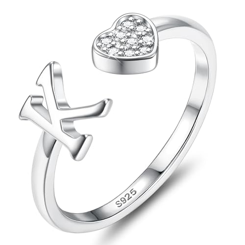 JeweBella Herz Ring Silber 925 Damen mit Buchstaben Verstellbar Ringe Frauen Stapeln Daumenring Fingerring Eheringe Engagement Promise Ring Verlobungsring Initiale A-Z Ring Damen Mädchen mit Box von JeweBella