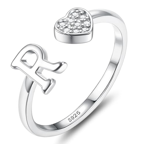 JeweBella Herz Ring Silber 925 Damen mit Buchstaben Verstellbar Ringe Frauen Stapeln Daumenring Fingerring Eheringe Engagement Promise Ring Verlobungsring Initiale A-Z Ring Damen Mädchen mit Box von JeweBella