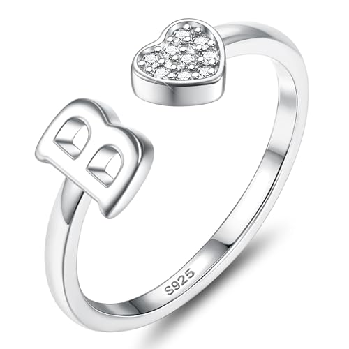 JeweBella Herz Ring Silber 925 Damen mit Buchstaben Verstellbar Ringe Frauen Stapeln Daumenring Fingerring Eheringe Engagement Promise Ring Verlobungsring Initiale A-Z Ring Damen Mädchen mit Box von JeweBella