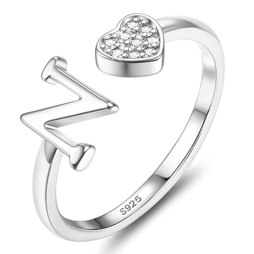 JeweBella Herz Ring Silber 925 Damen mit Buchstaben Verstellbar Ringe Frauen Stapeln Daumenring Fingerring Eheringe Engagement Promise Ring Verlobungsring Initiale A-Z Ring Damen Mädchen mit Box von JeweBella