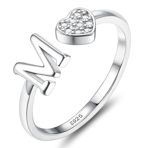 JeweBella Herz Ring Silber 925 Damen mit Buchstaben Verstellbar Ringe Frauen Stapeln Daumenring Fingerring Eheringe Engagement Promise Ring Verlobungsring Initiale A-Z Ring Damen Mädchen mit Box von JeweBella