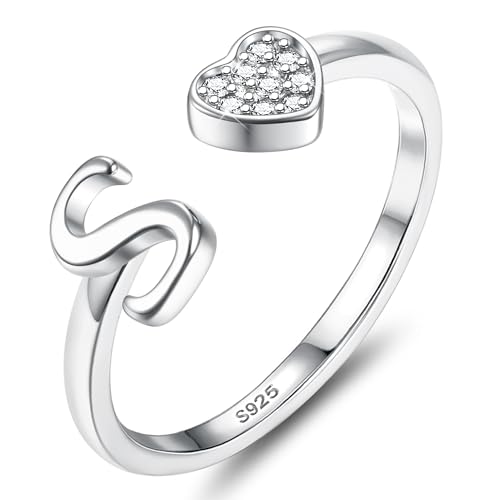 JeweBella Herz Ring Silber 925 Damen mit Buchstaben Verstellbar Ringe Frauen Stapeln Daumenring Fingerring Eheringe Engagement Promise Ring Verlobungsring Initiale A-Z Ring Damen Mädchen mit Box von JeweBella