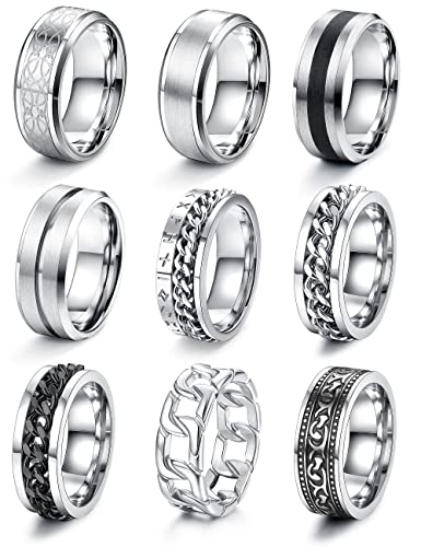 JeweBella 9 Stück Ringe Herren Edelstahl Ringe Silber Poliert Keltischer Knoten Vintage Biker Ringe Schwarz Kette Ringe Wikinger Gothic Ringe Set Verlobung Freundschaftsringe für Herren Männer von JeweBella