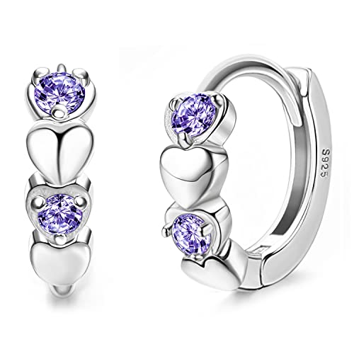 JeweBella Kleine Creolen Herz Silber 925 für Damen Mädchen Ohrringe Bunt Zirkonia Herz Ohrringe Hypoallergen Sleeper Knorpel Ohrringe Creolen Rosa Lila Blau Weiß für Kinder Frauen von JeweBella
