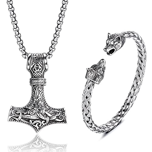 JeweBella Thors Hammer Halskette Wikinger Wolfskopf Armbänder Set für Herren Männer Mjolnir Edelstahl Halskette Armbänder Manschette Odin Anhänger Thors Halskette Wikinger Herren Schmuck von JeweBella