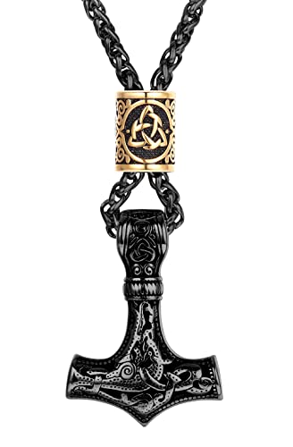 JeweBella Wikinger Thors Hammer Halskette Edelstahl Herren Thors Hammer Anhänger mit Keltischer Knoten Thors Hammer Kette Herren Wikinger Schmuck Geschenk Schwarz/Silber von JeweBella