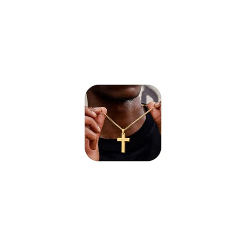 JeweBella Cross 14K Gold Kreuz Kette Herren Halskette Anhänger Kreuz Ketten Männer Edelstahl Halskette Kruzifix 4MM Breite 61Ketten Länge von JeweBella