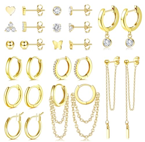 JeweBella 13Paar Kleine Ohrringe Set Damen Chirurgenstahl Hypoallergen Medizinische Ohrstecker Creolen Hängende mit Kette Knorpel Piercing Ohrringe Set für Mehrere Ohrlöcher Frauen Gold/Silber von JeweBella