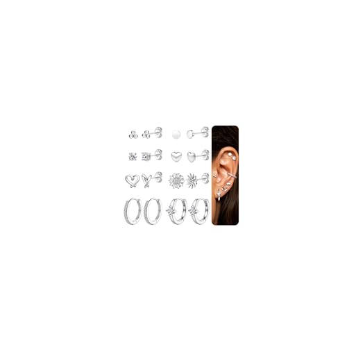 JeweBlla 8 Paar Klein Ohrringe Set für Damen 14 Karat Vergoldet Runde Herz Zirkonia Ohrstecker Creolen Set Hypoallergene Helix Tragus Knorpel Ohrringe für Mehrere Ohrlöcher von JeweBella