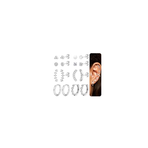 JeweBlla 8 Paar Klein Ohrringe Set für Damen 14 Karat Vergoldet Runde Herz Zirkonia Ohrstecker Creolen Set Hypoallergene Helix Tragus Knorpel Ohrringe für Mehrere Ohrlöcher von JeweBella