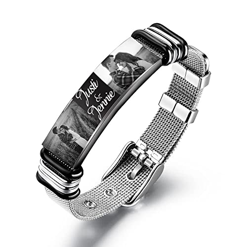 Jeweidea Armbänder für Herren Personalisierte Armband Herren mit Gravur Foto verstellbar Armband Schnalle Mesh Edelstahl Armband für Frauen Männer Echtes Papa Paare Vatertag Jubiläum (#Schwarz1) von Jeweidea