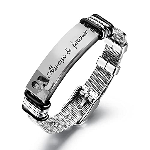 Jeweidea Armbänder für Herren Personalisierte Armband Herren mit Gravur Foto verstellbar Armband Schnalle Mesh Edelstahl Armband für Frauen Männer Echtes Papa Paare Vatertag Jubiläum (#Silber3) von Jeweidea