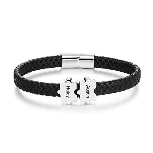 Jeweidea Armband Herren Leder Personalisiertes Armband mit Namen Gravur Edelstahl Perlenarmband Herren Schwarz Familienarmband Geschenke für Männer Papa Papa Geschenk Vatertagsgeschenk von Jeweidea