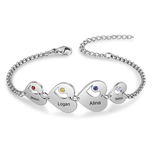 Jeweidea Damen Armband mit Namen Personalisiert Armband mit Gravur Herz Anhänger für Damen Mama Geschenk zum Geburtstag Muttertag Weihnachten (4 namen) von Jeweidea