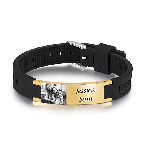 Jeweidea Foto Armband Herren mit Gravur Personalisiertes Armband mit Namen Gravierter Silikon Einstellbar Armband Geschenke für Männer Papa Geschenk Vatertag Personalisierter Schmuck von Jeweidea