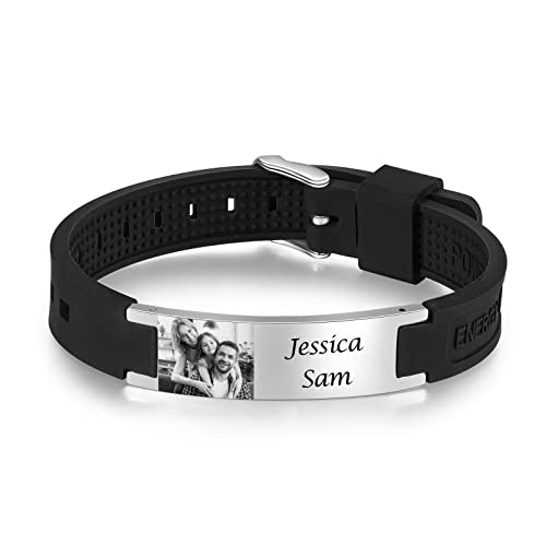 Jeweidea Foto Armband Herren mit Gravur Personalisiertes Armband mit Namen Gravierter Silikon Einstellbar Armband Geschenke für Männer Papa Geschenk Vatertag Personalisierter Schmuck von Jeweidea