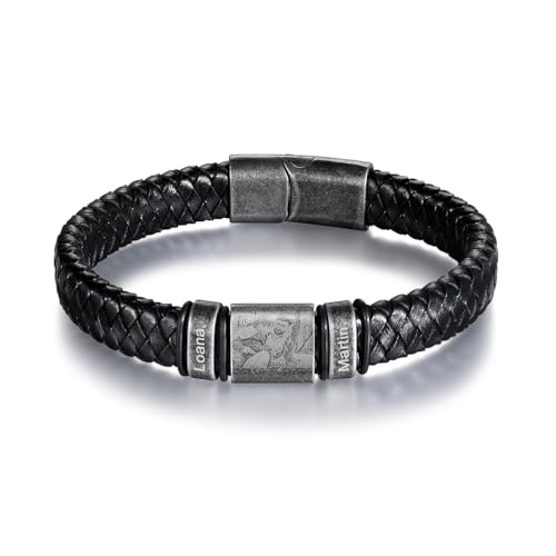 Jeweidea Foto-Lederarmbänder für Männer Personalisiertes Armband Herren mit Gravur Namen Edelstahl Armband mit Bild für Papa Vatertagsgeschenk Personalisierter Schmuck (2 namen) von Jeweidea