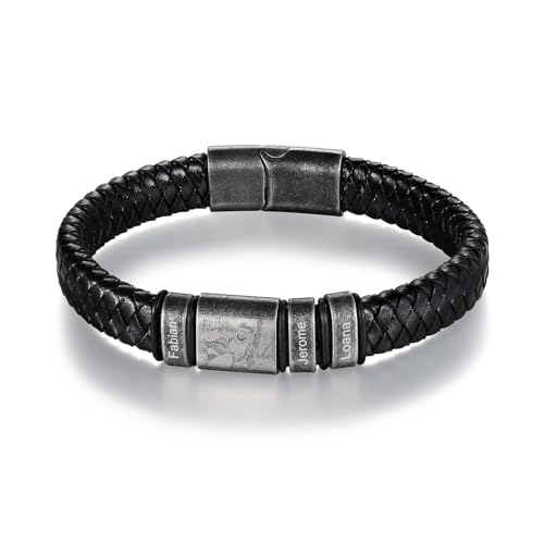 Jeweidea Foto-Lederarmbänder für Männer Personalisiertes Armband Herren mit Gravur Namen Edelstahl Armband mit Bild für Papa Vatertagsgeschenk Personalisierter Schmuck von Jeweidea