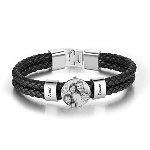 Jeweidea Lederarmband Herren mit Foto Personalisiertes Armband mit Namen Gravierter Edelstahl Perlenarmband Herren Geschenke für Männer Papa Geschenk Vatertag von Jeweidea