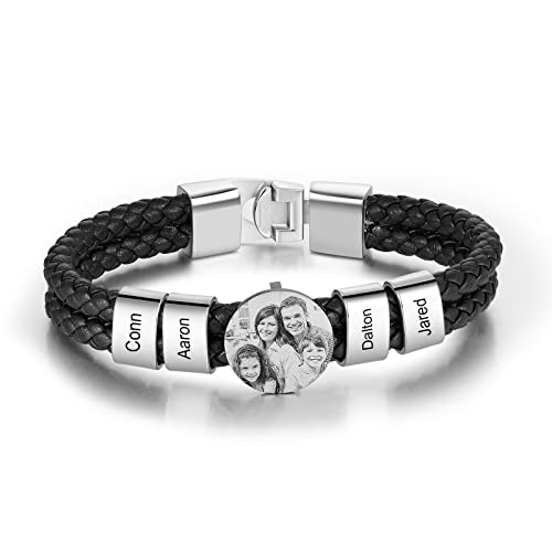 Jeweidea Lederarmband Herren mit Foto Personalisiertes Armband mit Namen Gravierter Edelstahl Perlenarmband Herren Geschenke für Männer Papa Geschenk Vatertag von Jeweidea