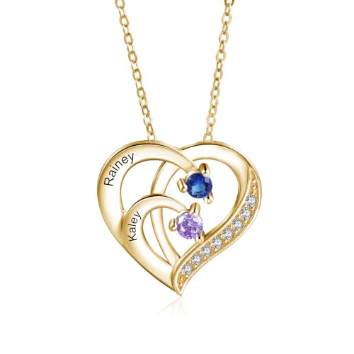 Jeweidea Personalisierte 925 Sterlingsilber Namenshalskette Damen Herz-Halskette mit Gravur Anhänger mit Geburtsstein Geschenk für Mama, Oma, Ehefrau Weihnachten Muttertag (Gold-2) von Jeweidea