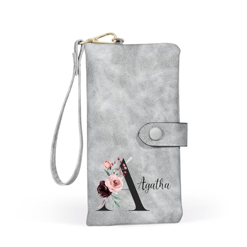 Jeweidea Personalisierte Damen Geldbörse mit Namen Brief PU Leder Lange Portemonnaie mit Handschlaufe Karte Bargeld ID Münze Zip Geschenke für Mama Frau Oma (Grau) von Jeweidea