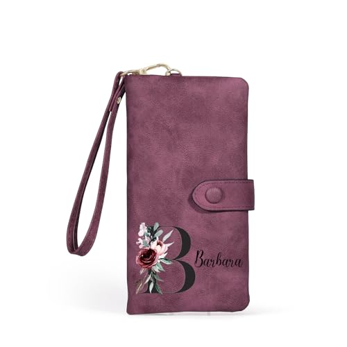 Jeweidea Personalisierte Damen Geldbörse mit Namen Brief PU Leder Lange Portemonnaie mit Handschlaufe Karte Bargeld ID Münze Zip Geschenke für Mama Frau Oma (Lila) von Jeweidea