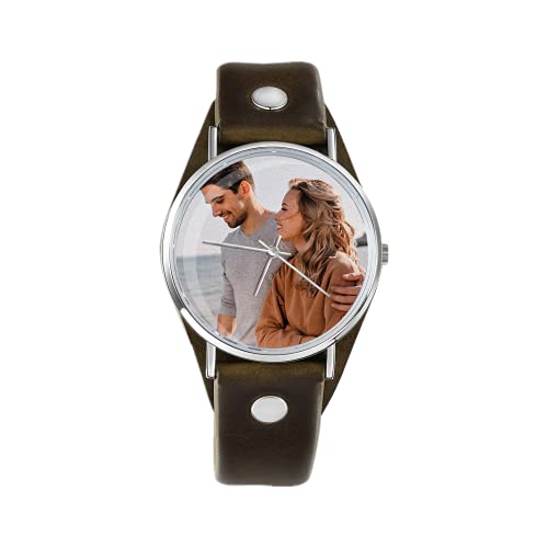 Jeweidea Personalisierte Foto-Armbanduhr für Frauen Männer mit Gravur Text PU-Leder Braunes Armband Modeuhr Klassisches Zifferblatt Wasserdichtes Geschenk für Familie Freunde Paare Geburtstag Jubiläum von Jeweidea