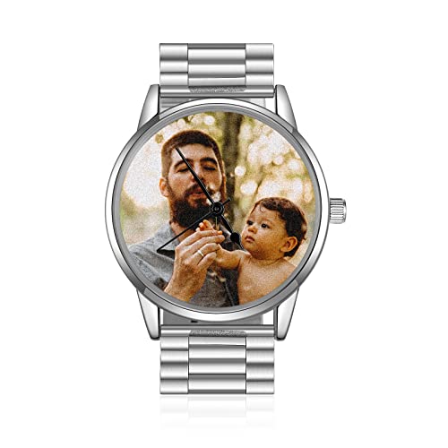 Jeweidea Personalisierte Fotouhr mit Gravurtext für Herren Analoges Metallarmband Armbanduhr Geschenke für Papa Ehemann Vatertag Geburtstag (Stil 3) von Jeweidea
