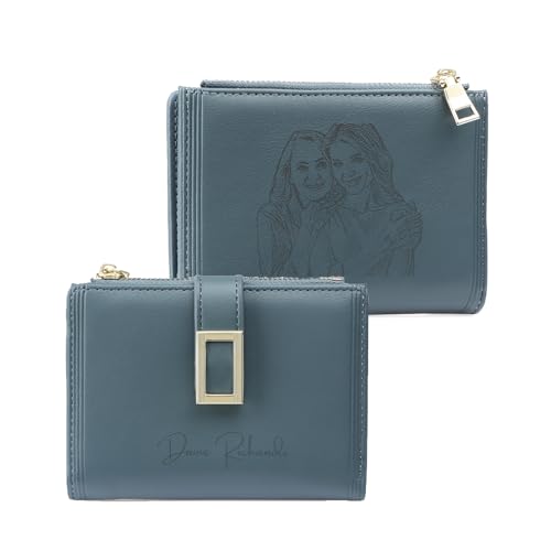 Jeweidea Personalisierte Geldbörse Damen mit Eingraviertem Foto und Namen Kleine Geldbörse mit Münzfach Reißverschluss für Mama Freundin (Blau) von Jeweidea