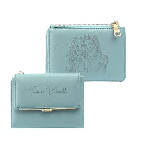 Jeweidea Personalisierte Geldbörse Damen mit Eingraviertem Foto und Namen Kleine Geldbörse mit Münzfach Reißverschluss für Mama Freundin (Blau) von Jeweidea