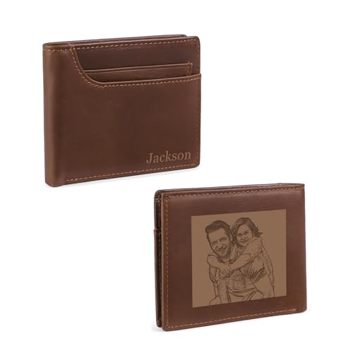 Jeweidea Personalisierte Herren Geldbörsen mit Namen Echtes Leder Geldbörsen mit Geldkarte ID-Halter für Papa Ehemann Großvater (Braun-Foto) von Jeweidea