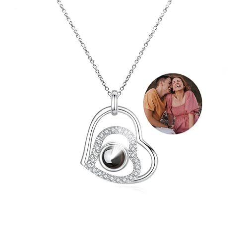 Jeweidea Personalisierte Herzform Fotoprojektions-Frauen-Halskette Silber Rosegold 100 Sprachen Ich liebe dich Projektionsbild-Anhänger für Sie/Frauen/Freundin/Mutter Schmuck Geschenke (#Silber) von Jeweidea